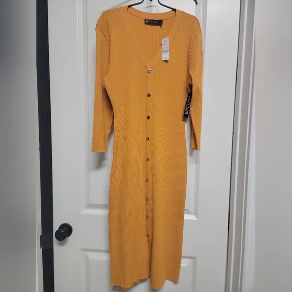 New York & Company Mustard Knit Button-up Fitted Dress - XL - Picture 3 of 6